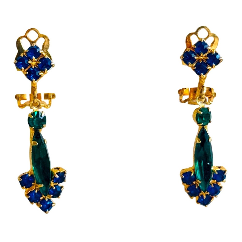 Jeweled‎ Glitzy Earrings VTG Clip Crystal Austrian Green blue Rhinestone Dangle